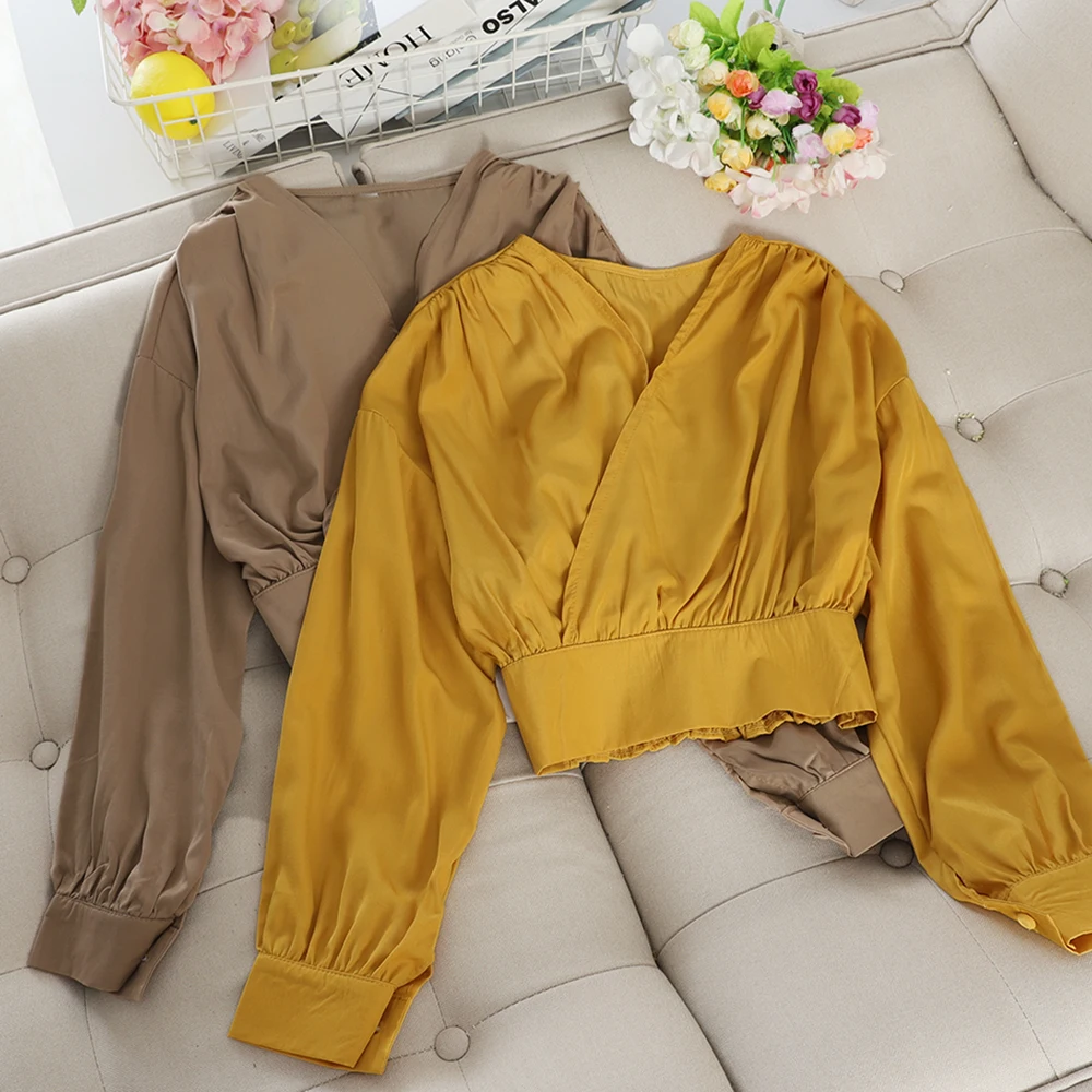 SINGRAIN 2019 Women V-neck Long sleeves Blouses Tops Streetwear Causal Vintage Lantern Sleeves OL Ladies Shirts Korean |