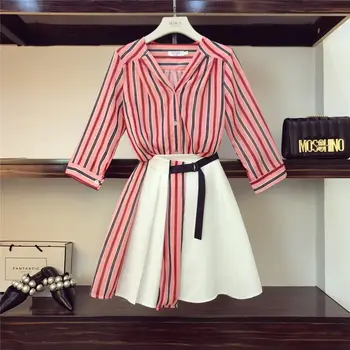 

New 2020 Summer Two Piece Set Women's chiffon V-Neck stripe Shirt + High Waist Button Mini Skirts 2 Pieces Clothing Set Suits