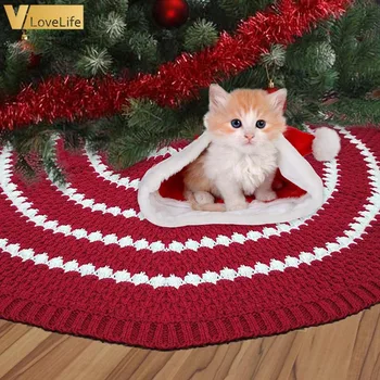 

Christmas Tree Skirt Red Knitted Tree Mat Rustic Stripe Thick Heavy Yarn Knit Xmas Holiday Decor Tree Cover Knitted Decorations