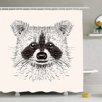 

Shower Curtain Set with Hooks 66x72 Tribal Sketch Raccoon Face Hand Drawn Gray Wild Animals Life Wildlife Style Head Abstract