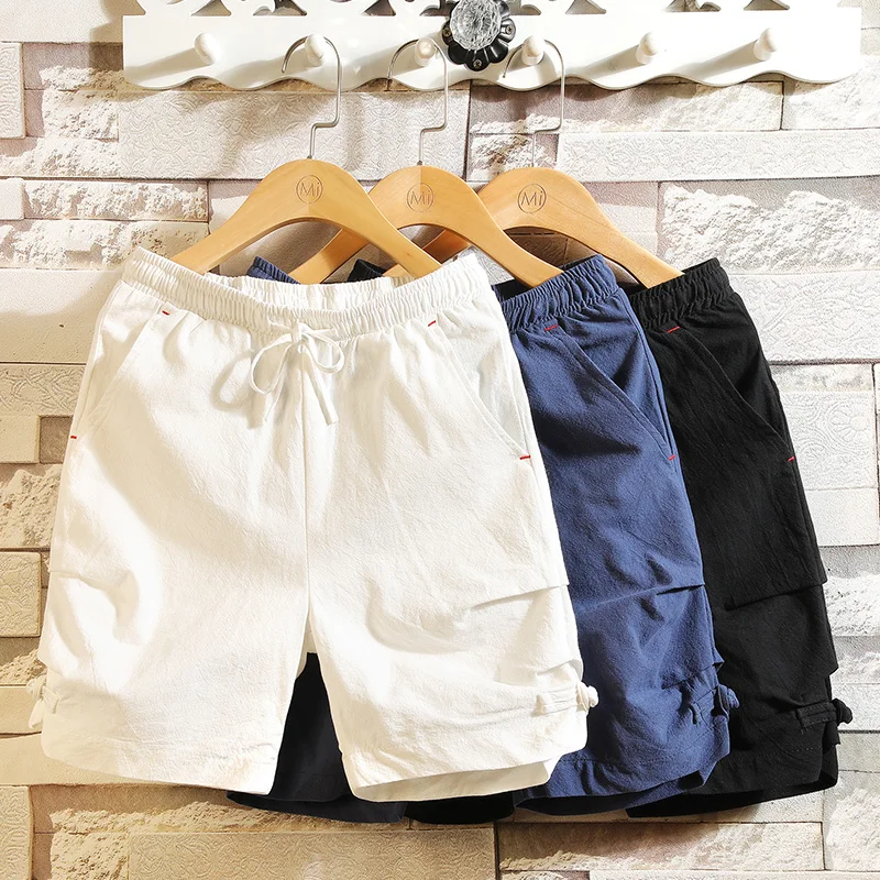 Хлопковые льняные короткие мужские шорты Харадзюку для бега, уличные однотонные красивые летние мужские шорты, пляжные шорты, мужские бермуды