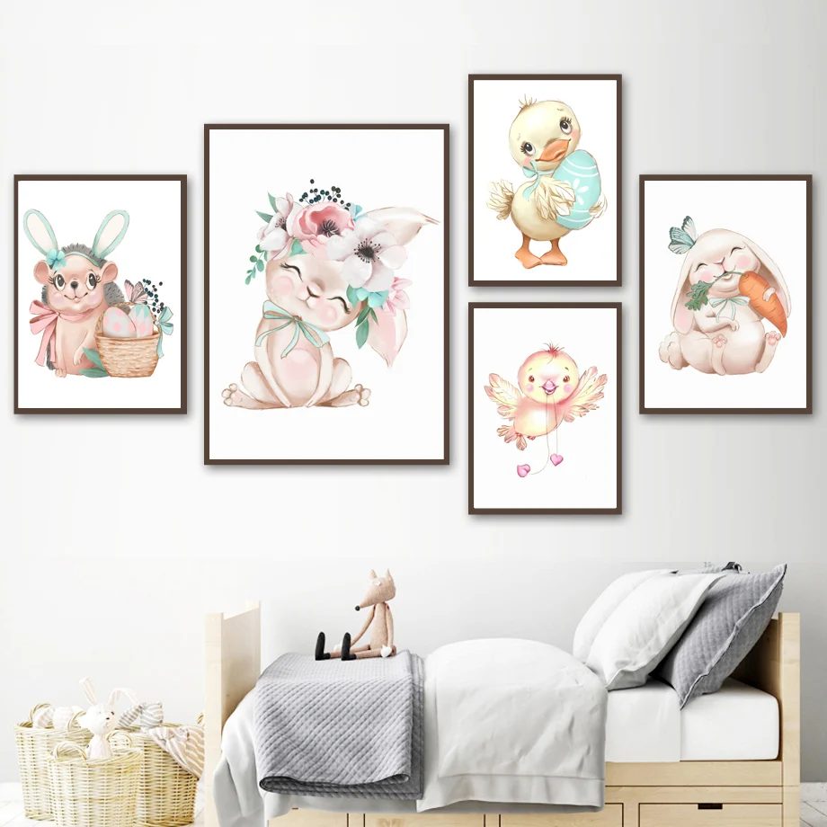 Easter-Eggs-Bunny-Duckling-Girl-Flowers-Nordic-Posters-And-Prints-Wall-Art-Canvas-Painting-Wall-Pictures