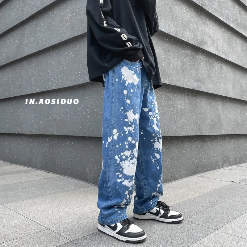 Blue Black Splash Ink Jeans Men Fashion 