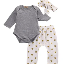 Комплект одежды из 3 предметов для новорожденных девочек, футболка, серые топы с длинными рукавами+ штаны, повязка на голову с сердечками, комплект с леггинсами, комплект для девочек 0-18 месяцев