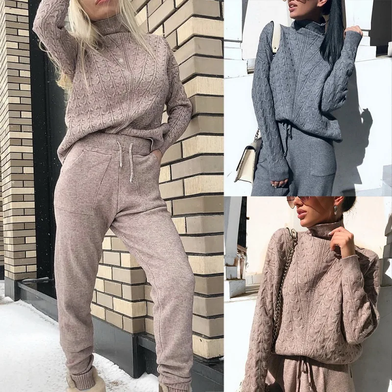 

Women Autumn Winter Knitted Tracksuit Pants Sets Turtleneck Sweaters+Drawstring Trousers Solid Warm Ladies Tracksuit Clothes New