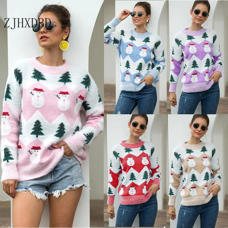 

2020 Vintage Merry Christmas Tree Snowman Sweaters Women Long Sleeve Autumn Winter Print Knitted Female Pullover Chic Top Jumper