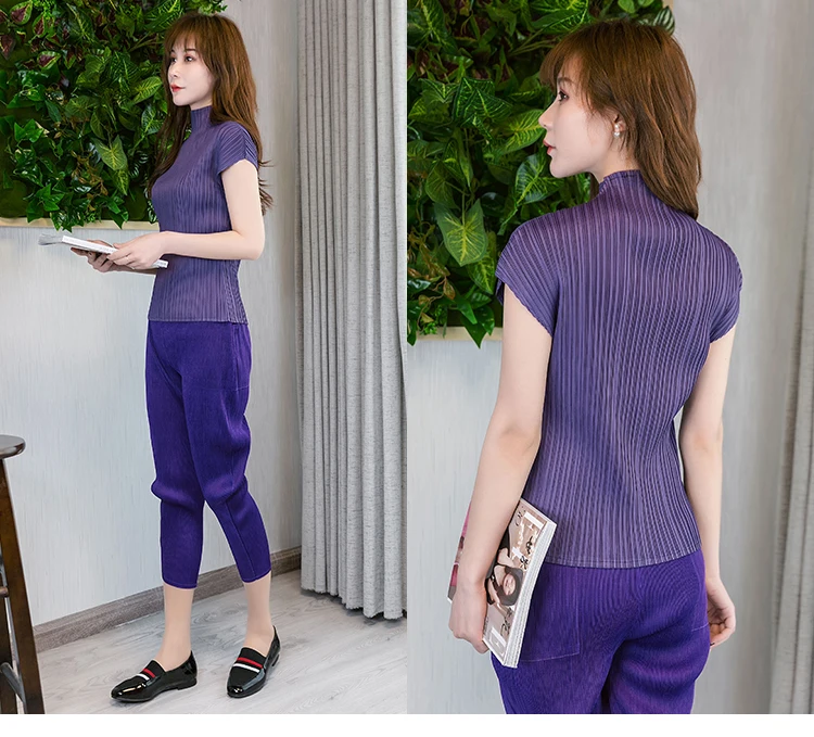 Лидер продаж Miyake модная складывающаяся футболка с коротким рукавом Новая Сексуальная футболка с воротником-стойкой Женская широкая футболка со складками