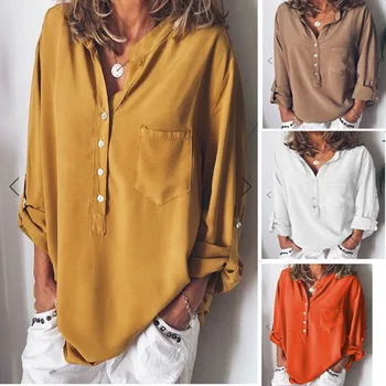 

Women Shirt Deep V-Neck Sexy Button Pocket Korean Long Sleeve Shirts Female 2019 Autumn Loose Fashion Pullover Blouses Plus Size