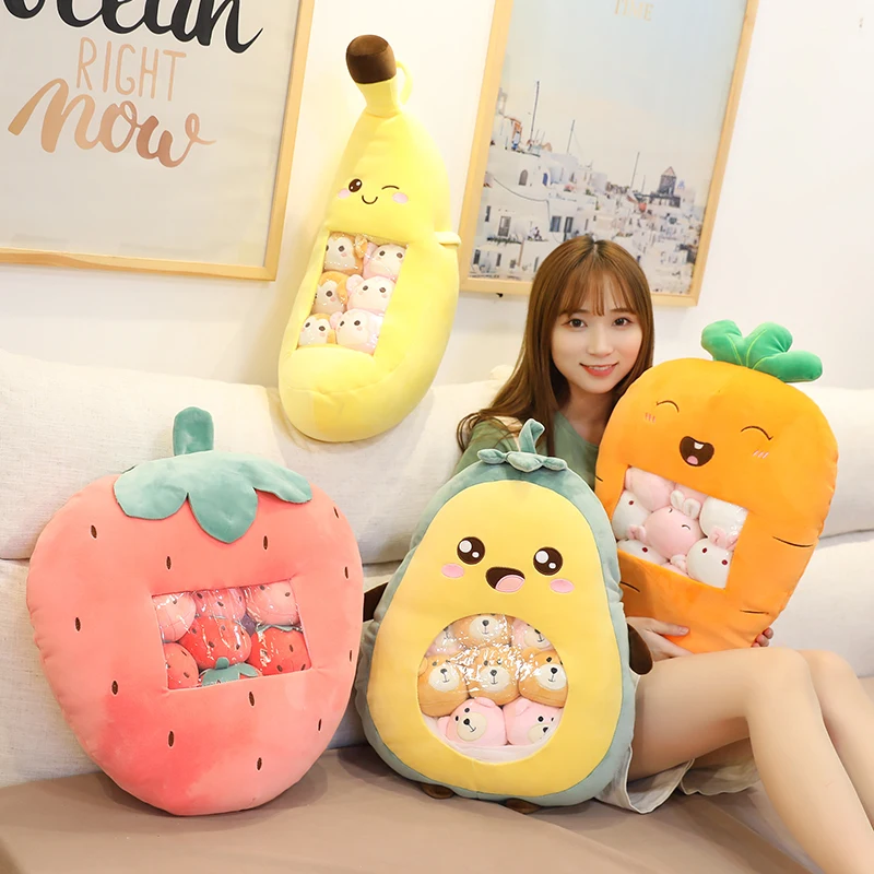 

A bag of 8 pcs mini monkeys plush toy creative avocado strawberry throw pillow stuffed animal bear pudding doll toy for girls
