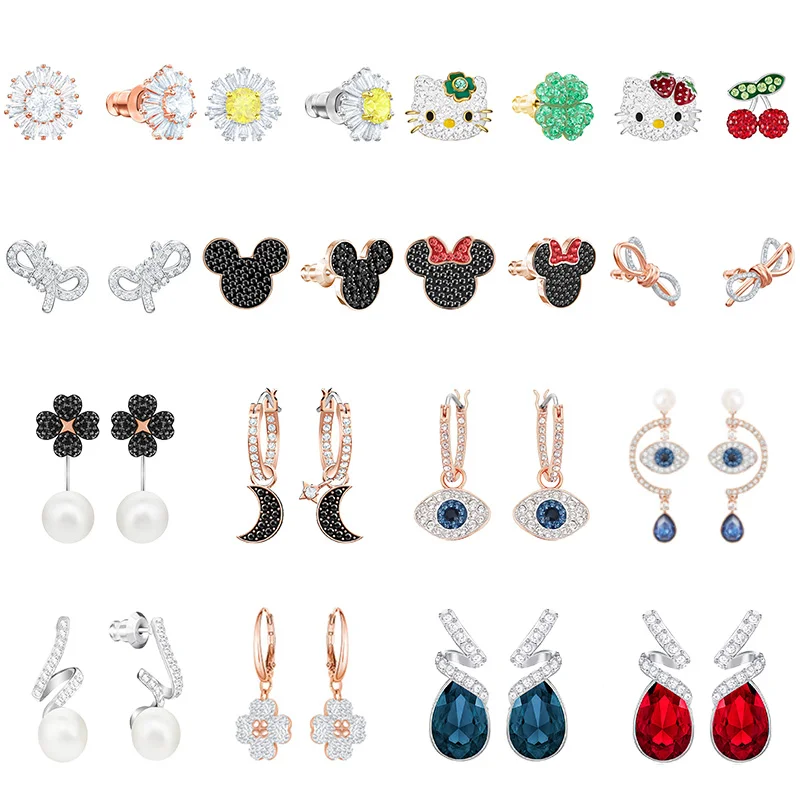 

High Quality Swa Original 1:1 Devil's Eye Sun Flower Bow Raindrops Clover Moon Cartoon Character Earrings