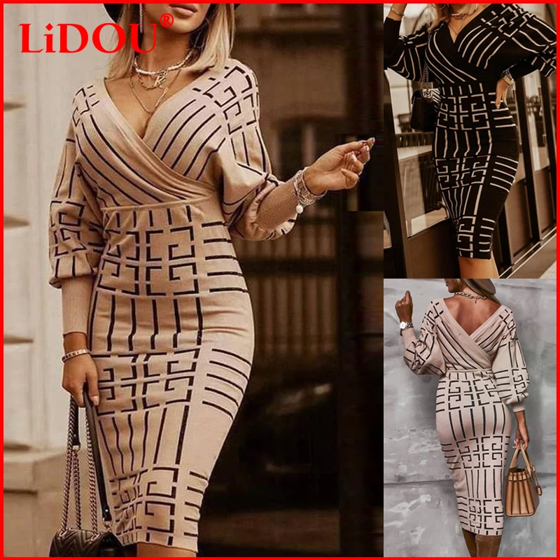 

Autumn Sexy Party Lantern Sleeve Fashion Plaid V-neck High Waist Bodycon Dress Retro Women Elegant Office Formal Dress Vestidos