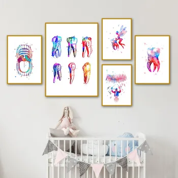 

Nursery Wall Art Tooth Fairy Watercolor Canvas Poster Painting Teeth Dental Wall Picture Print Dental Clinic Doctor Office Decor