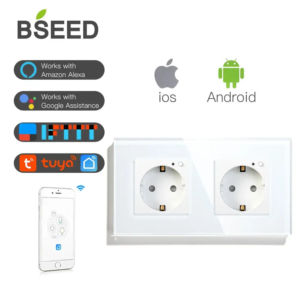BSEED Wifi Double Socket EU Standard Wall Plugs 16A White Black Glod Crystal Glass Panel Outlets Tuya Alexa Compatible For Home