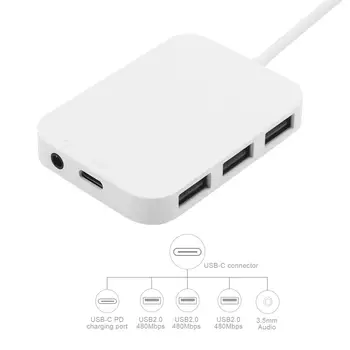 

USB-C Type-C to 3.5mm Earphone AUX Audio & 3 USB 2.0 Female & PD Power Adapter for Laptop Cell Phone Tablet