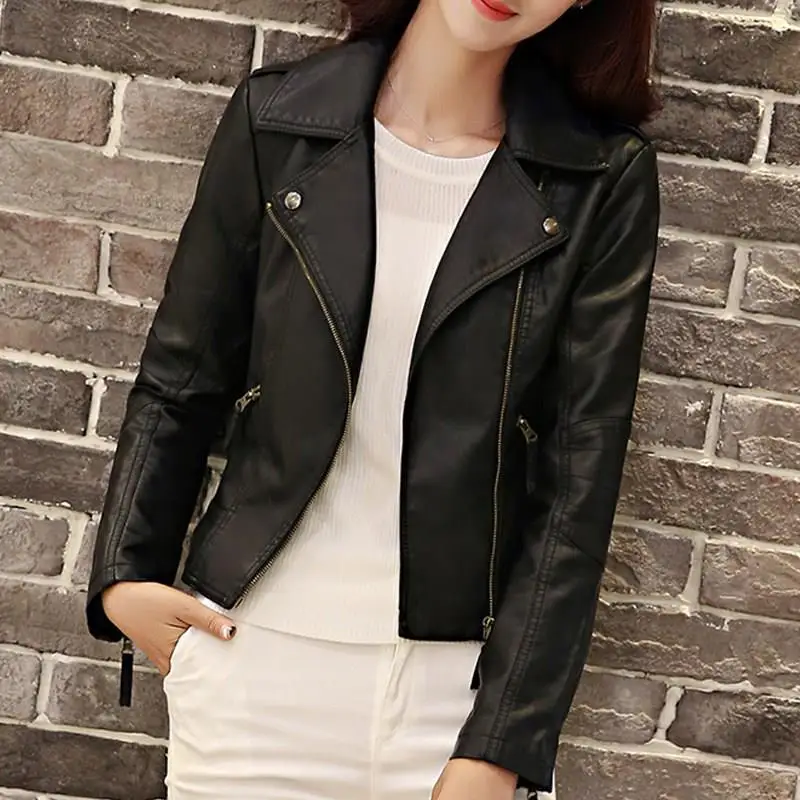 Fall Women Black Pu Leather Jacket Lady Cool Slim Motorcycle Short