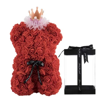 

25CM Foam Artificial Rose Valentine's Day Gift Teddy Bear With Crown Ribbon Bow Eternal Flower Doll Romantic Anniversary