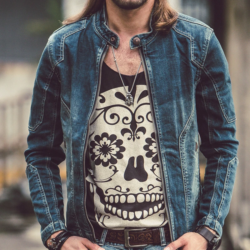 

Jeans Jacket Men Autumn Stand Collar Retro Denim Jackets Streetwear Fashion Slim-Fit Spring Motorcycle Brand Men Coat ZKI07