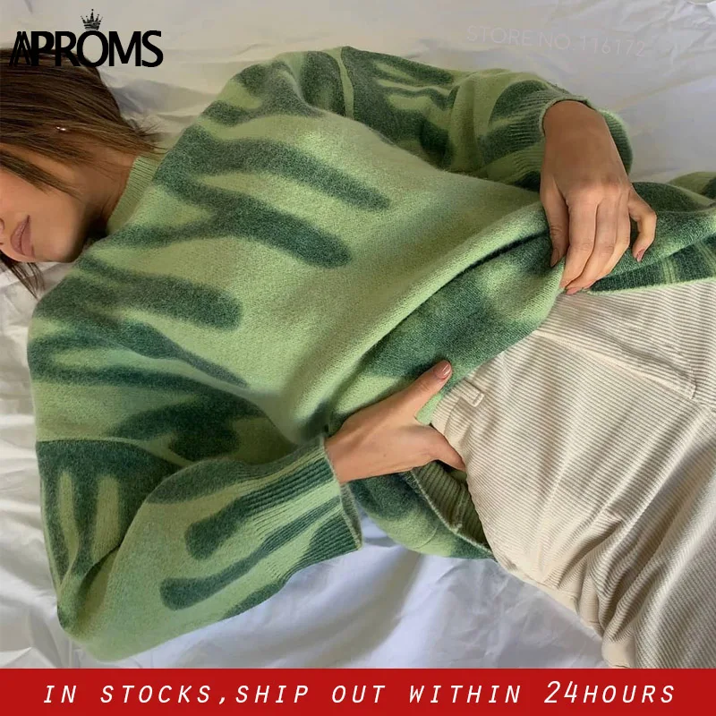 Sweaters Pullovers Outerwear Aproms O-Neck Loose Print Elegant Green Striped Long Women Winter