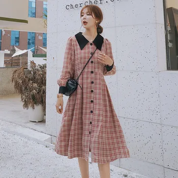 

Real shot retro Plaid Dress in autumn 2020 new style waistline shows thin light ripe style French shirt long