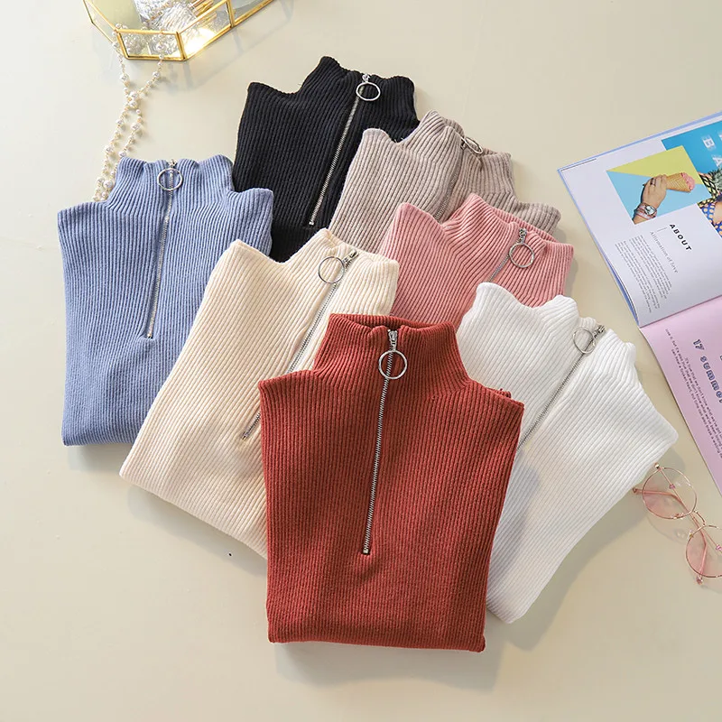2019 Trend Knitted Sweater Women Zipper Turtleneck Long Sleeve Slim Women Pullover Sweater Autumn Winter Warm Female Jumpers (17)