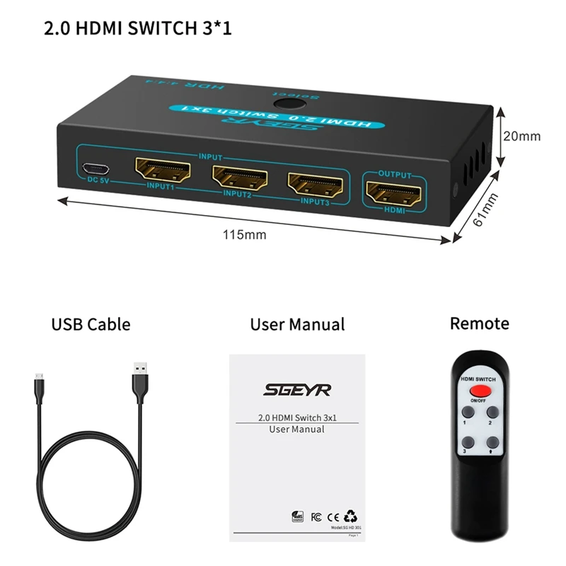 SGEYR 3 в 1 выход HDMI коммутатор 4 к 2,0 60 Гц HDMI коммутатор адаптер 3x1 HDMI сплиттер с ИК-пульт дистанционного управления переключатель для xbox HDTV PS4 - Цвет: HDMI2.0 Switch 3x1