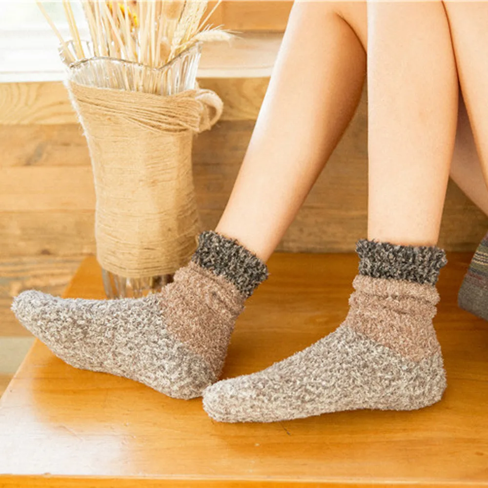 Женские зимние теплые хлопковые носки средней длины, толстые Нескользящие коралловые флисовые носки-тапочки, лоскутные домашние Повседневные носки для сна, носки# S