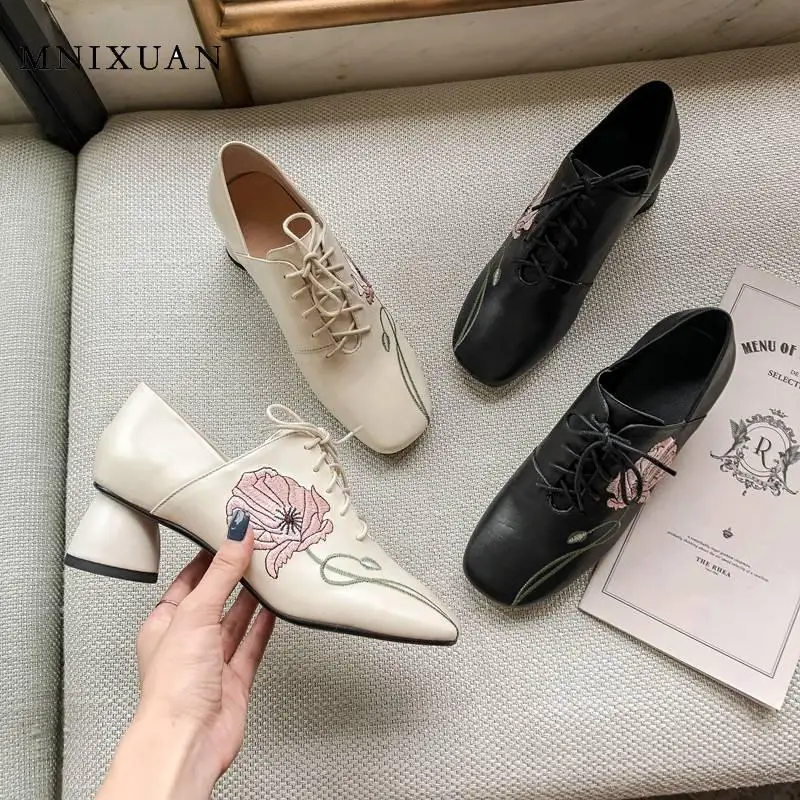 

MNIXUAN Designer Heels Shoes 2019Women spring autumn genuine leather square toe Embroidery block heel lace up ladies pumps black