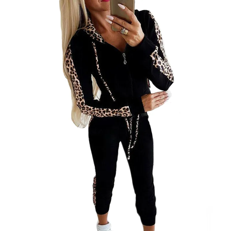 Новая мода для женщин 2 шт. зима осень толстовки спортивные топы брюки спортивный костюм леопардовый Свитшот спортивный костюм для бега