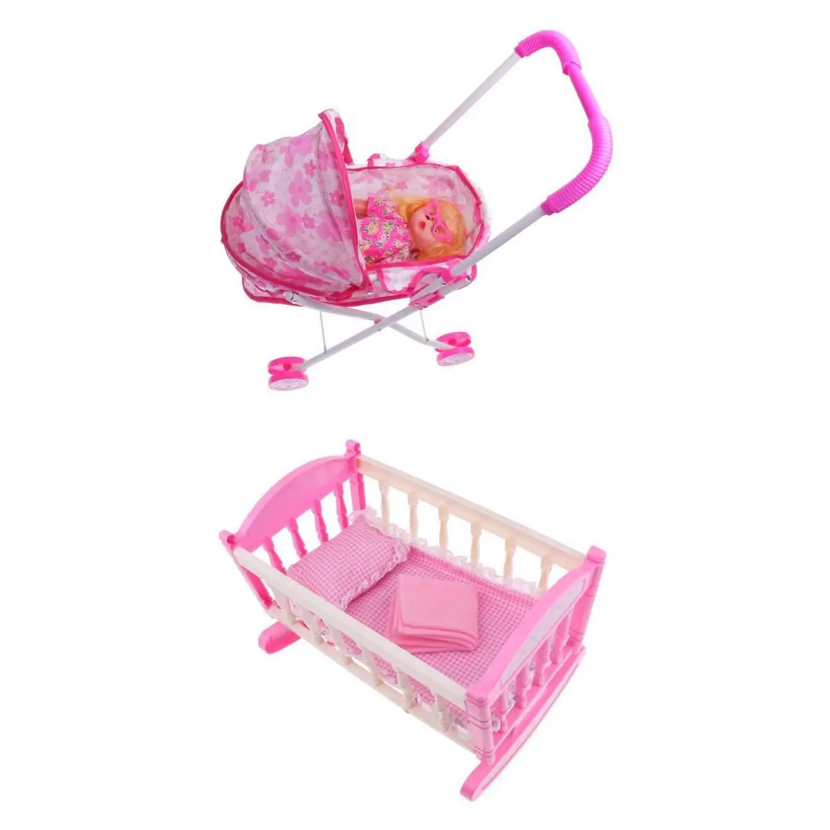 Baby Doll W/ Stroller Pram Buggy and Bed Cradle Girls Toy Foldable Pushchair Kids Toys