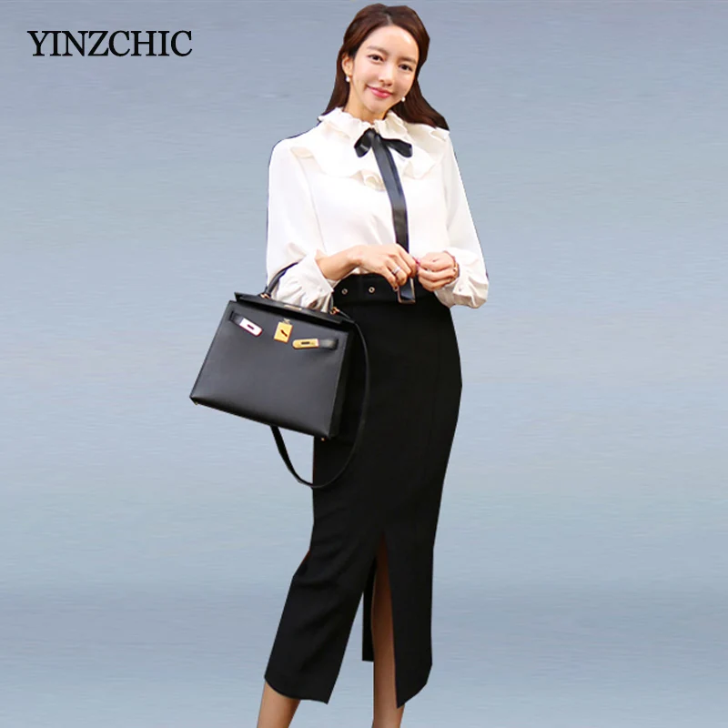 black pencil skirt white blouse