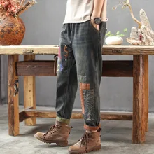 Женские джинсы на осень и зиму, большие размеры, эластичная резинка на талии, флисовые джинсовые штаны, новые женские повседневные брюки с вышивкой в стиле пэчворк