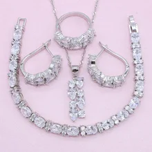 925 серебряные ювелирные наборы для женщин свадебный классический подарок серьги с белым хрусталем браслет кулон ожерелье кольцо Рождественская вечеринка