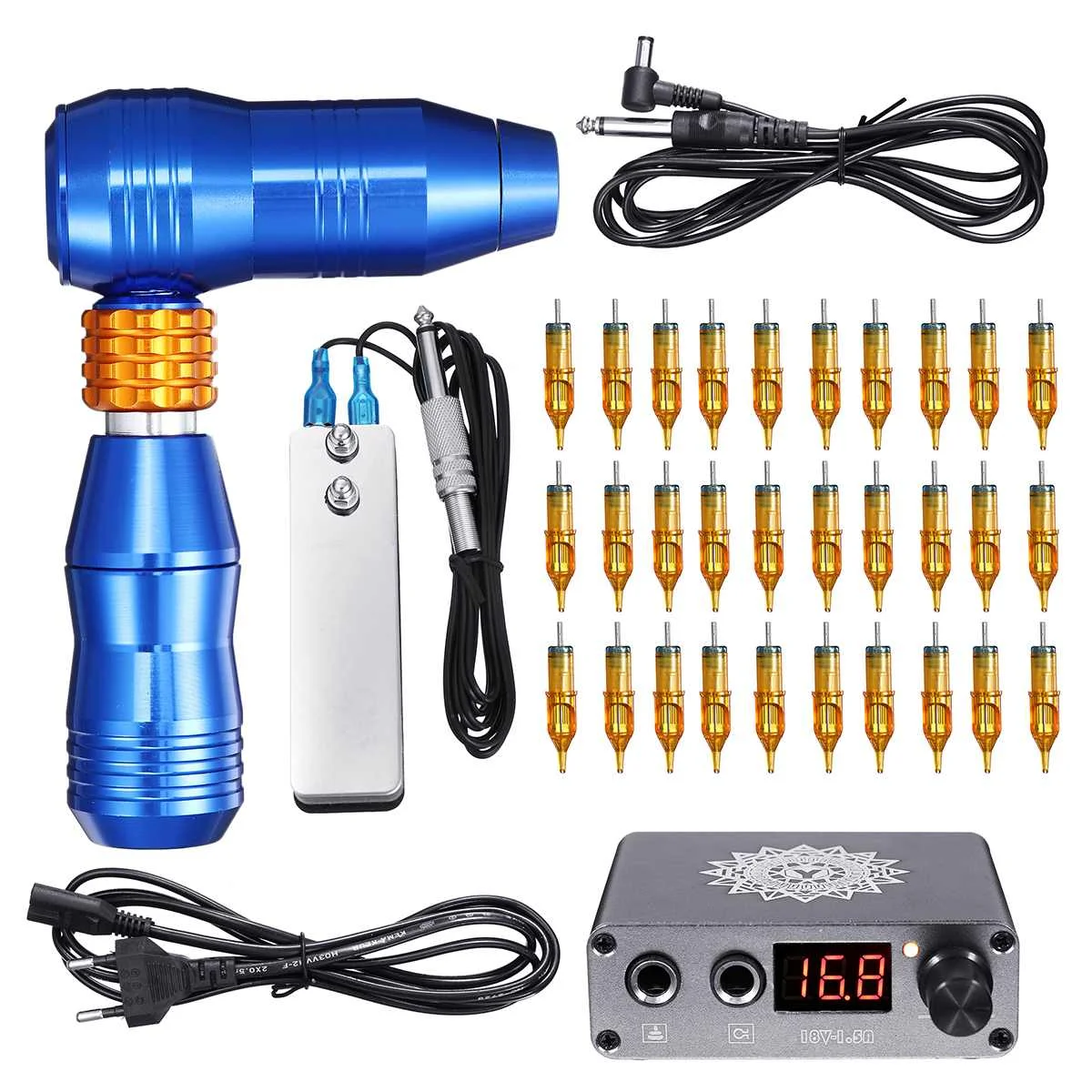 Blue 220V Профессиональная машина для татуировки тела с иглами, оборудование для татуировки, комплект для татуировки, полная ручка для татуировки, картридж Javelin, расширенный - Цвет: Blue 220V