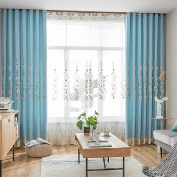 

Modern Minimalist Curtains for Living Dining Room Bedroom Cashmere Embroidery Fabric Curtain Blue Decoration Tulle can be Custom