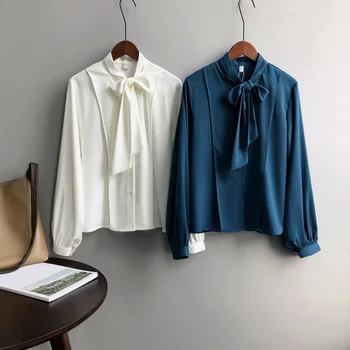 

2020 new Korean bow chiffon shirt Womens loose Spring Summer long sleeve blouses shirt women Blusas Tops Female