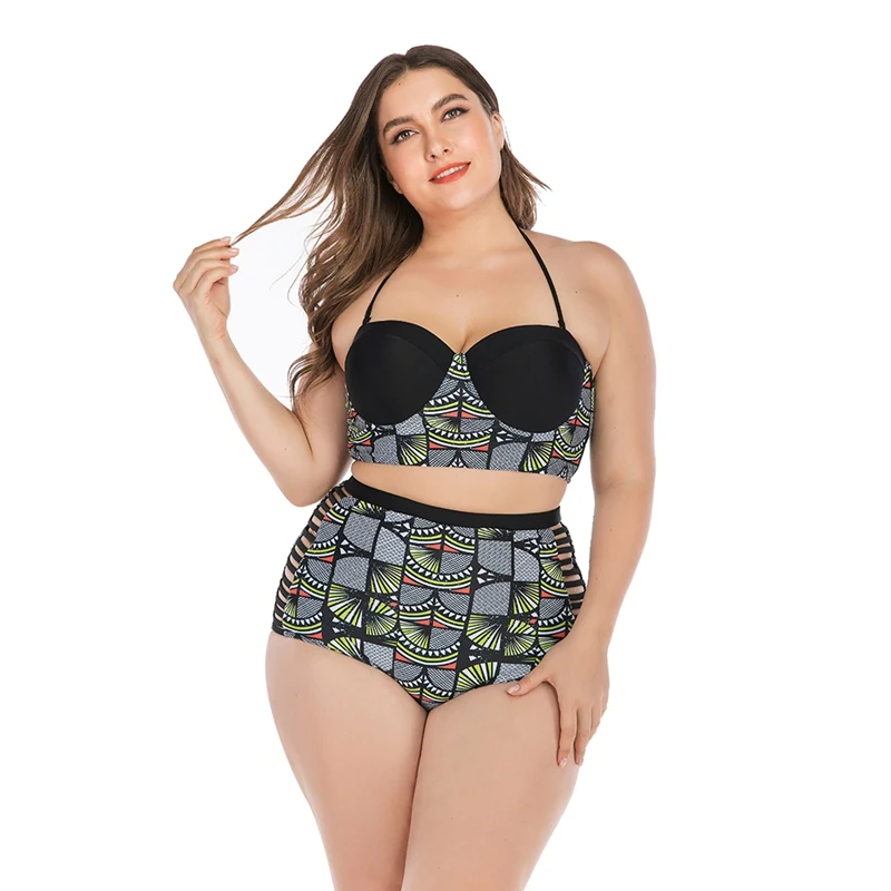 

Women Tankini Patchwork Halter Top High Waist Hollow-out Quick Drying Bikini Swimwear Lady Underwire Padded Bra Plus Size Set