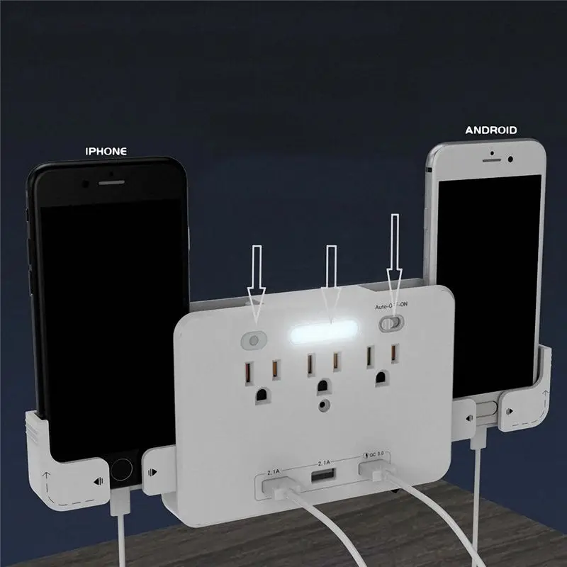 

LED Night Light 3 USB Charger 3-port AC outlet Wall outlet and phone holder US Plug