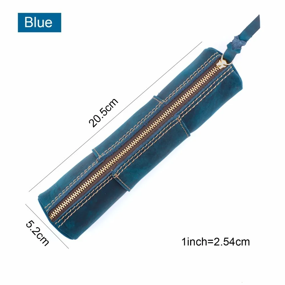 Genuine Leather Zipper Pen School Vintage Product Creative Pencil Stationary Model Trinodal Retro Handmade Bag Style - Цвет: Синий