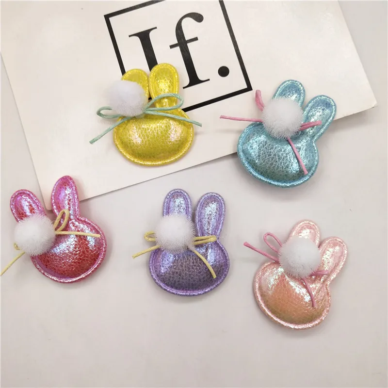 

100pcs/lot 3.5*4.4cm Pu Rabbit head with bowknot Patches Appliques for Craft Clothes Sewing Supplies DIY Hair Clip Accessories
