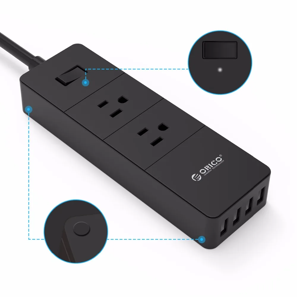 ORICO 2 AC Outlet Surge Protector with 4 USB Socket US Plug Mutiple Home Office Smart Power Strip Electronics Desktop Socket