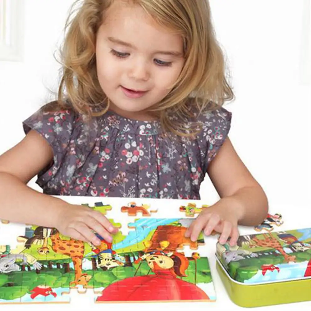 

Random Style 60 Pieces Kids Wooden Cartoon Pattern Puzzle Toy with Iron Box for Kindergarten