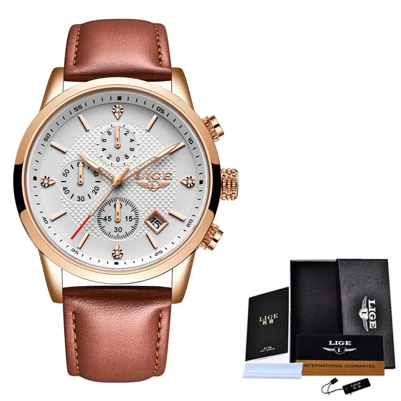 L Rose gold White LIGE мужские часы Топ люксовый бренд спортивные кварцевые часы мужские водонепроницаемые наручные часы с хронографом мужские часы из нержавеющей стали часы с датой - Цвет: L Rose gold White