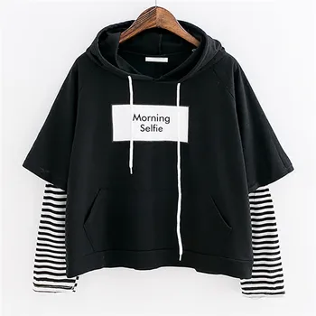 

Kpop New Autumn Women Sweatshirt Fashion Striped Sleeve Patchwork Casual Hoodies Cotton Spring Kpop Harajuku Clothes V26