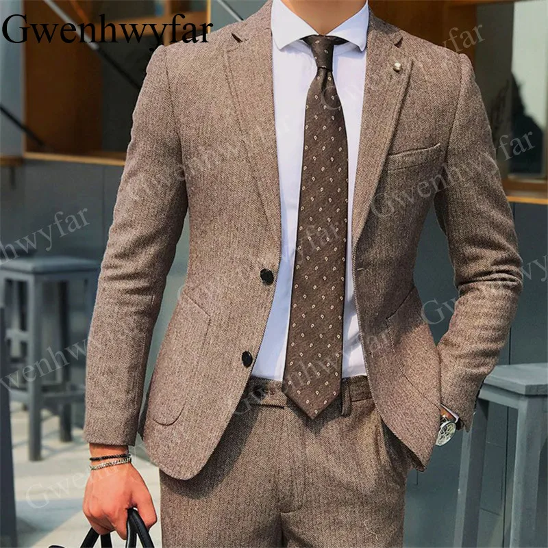 Gwenhwyfar шерстяные костюмы мужские темно-синие с узором в елочку свадебное платье смокинги из двух частей мужские официальные деловые случайные костюмы - Цвет: brown