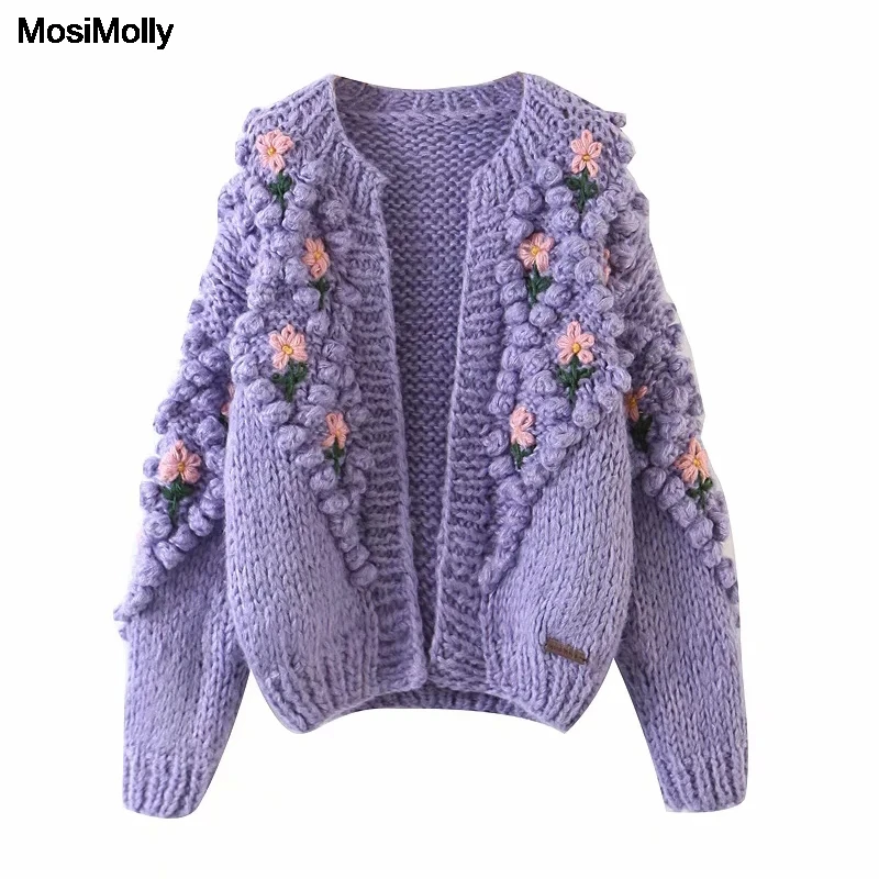 Женский вязаный кардиган MosiMolly ручной работы с цветочным помпоном в стиле бохо