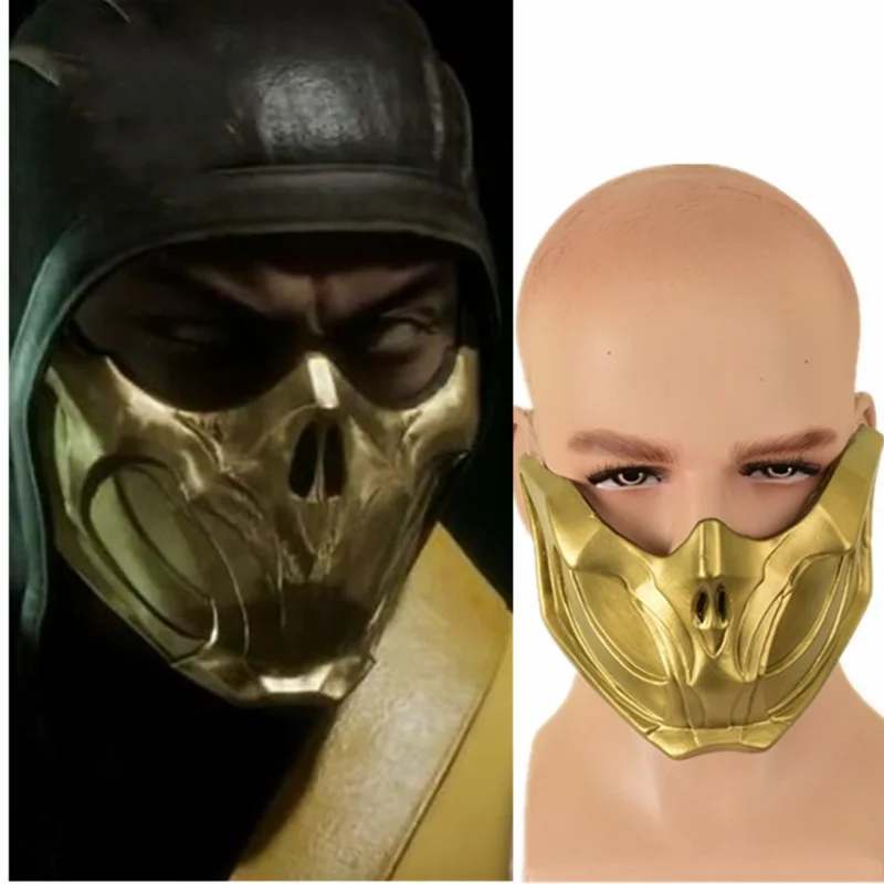 

Game Mortal Kombat SCORPION Cosplay Mask Golden Half face Latex Mask Women Men Halloween Party Mask