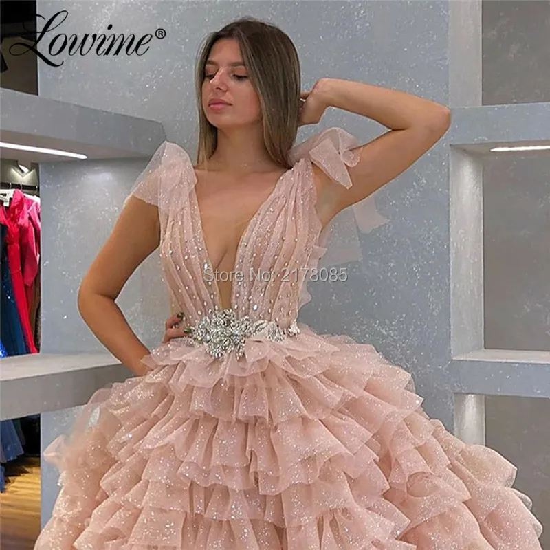 Розовое пышное платье для выпускного вечера 2020 турецкое Многоярусное вечернее