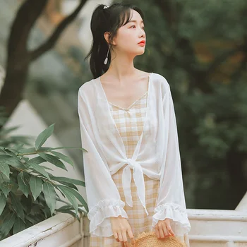 

COIGARSAM Ruffles Shirt Womens tops Spring Summer Full Sleeve Women shirts White Apricot 3692