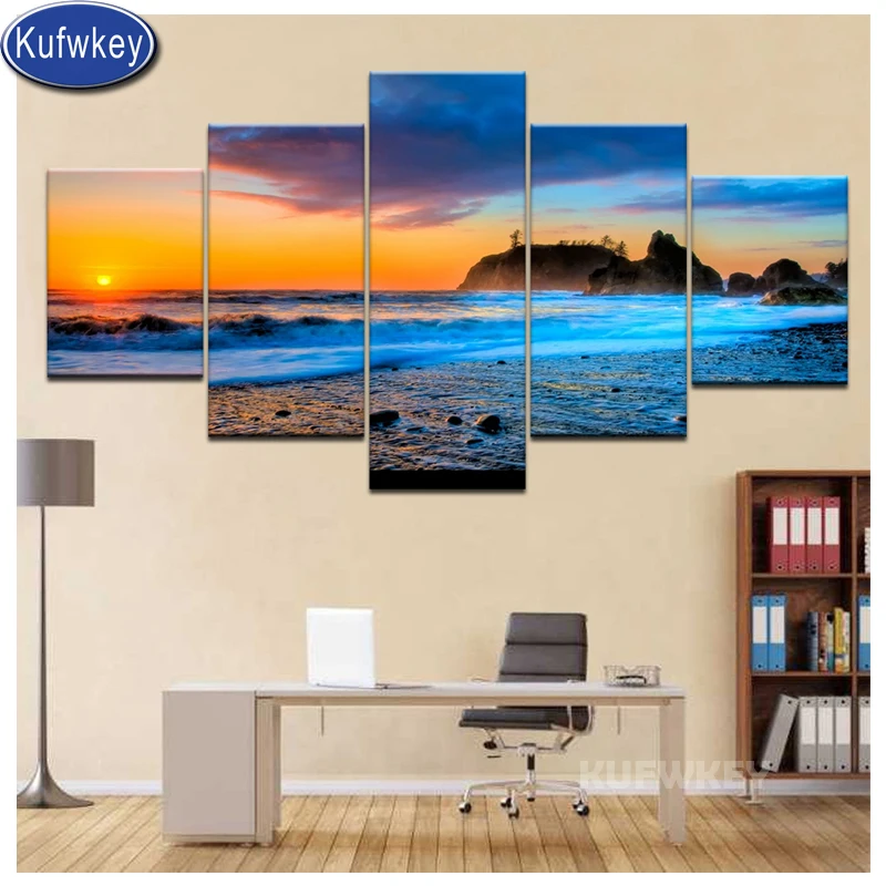 Большая бриллиантовая картина Ruby Beach sunset seascape 5 панелей новинка 2019 рукоделие