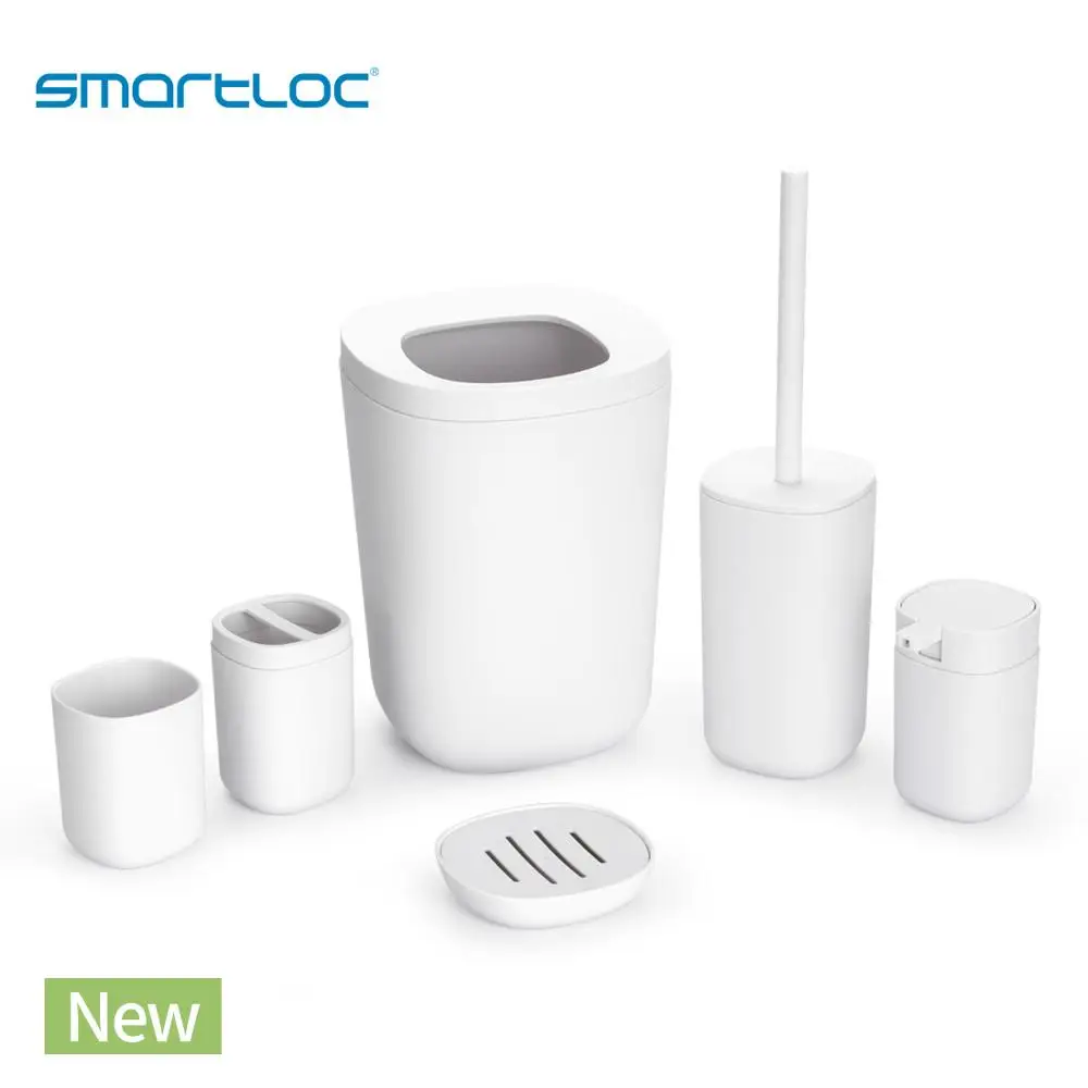 

smartloc White Plastic Bathroom Accessories Set of 6 Toothbrush Holder Toothpaste Dispenser Case Soap Box Toilet Shower Storage